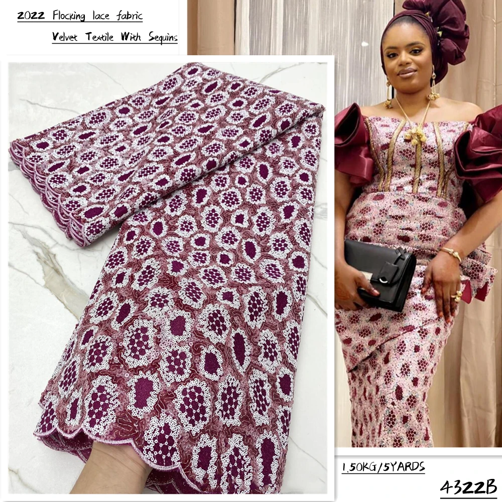 

Flocking African Velvet Sequins Lace Fabric 2022 Embroidered Tulle Nigerian Lace Fabrics For Women Wedding Party 4322B