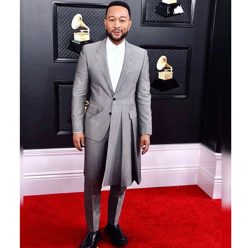 

Мужской облегающий костюм для вечеринки, серый длинный смокинг для жениха, смокинг с отложным воротником, модный костюм из двух предметов, пиджак и брюки