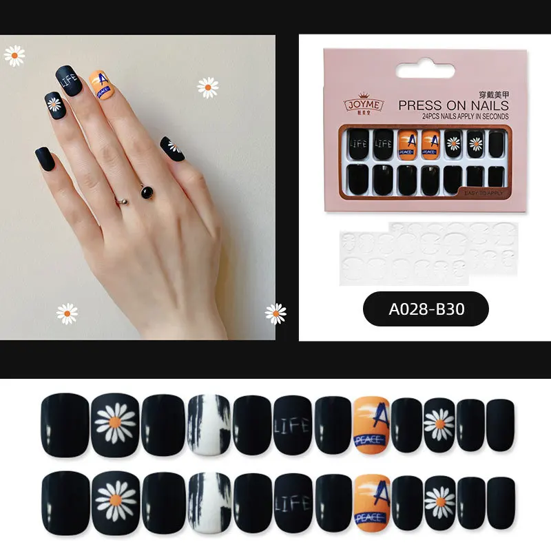 

Free Shipping 24 Pieces of Black Design Chrysanthemum Decorative False Nails Semi Permanent Indenter Nails Art and Wearing Tools