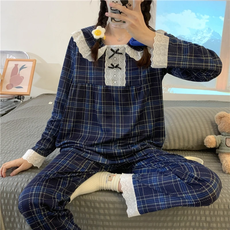 CAIYIER New 2022 Autumn Winter Women Pajamas Set Korean Grid Girls Nightwear Long Sleeve Pants Sleepwear Soft Kawaii Home Suit