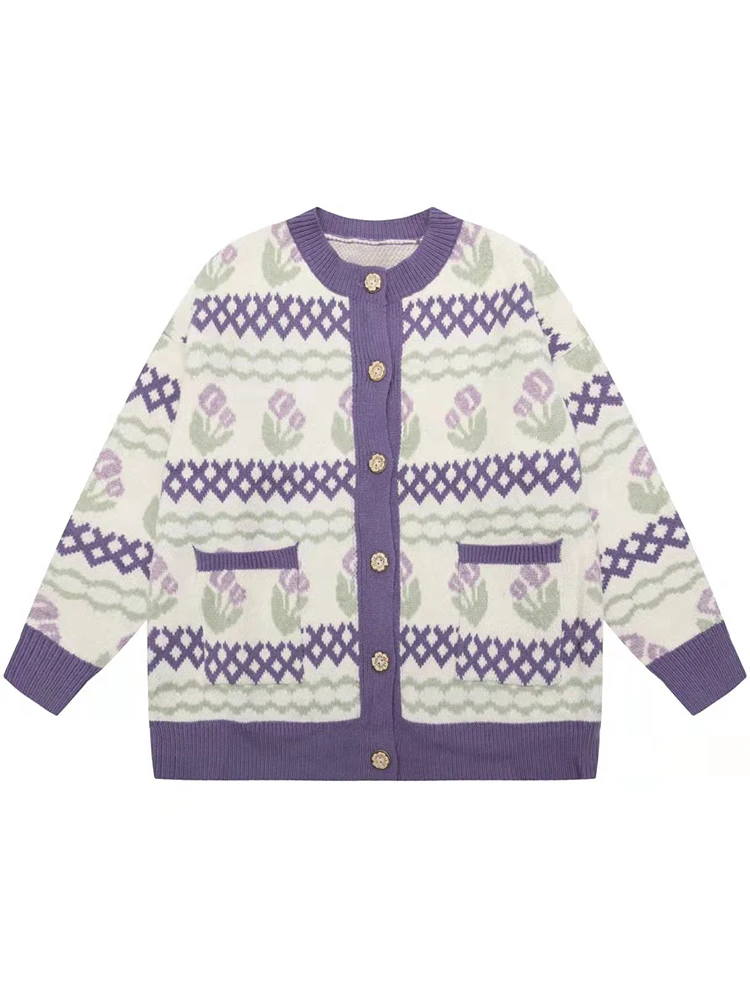 

Женский трикотажный кардиган с цветочным принтом, однобортный Кардиган с круглым вырезом в винтажном стиле, Осень-зима 2022