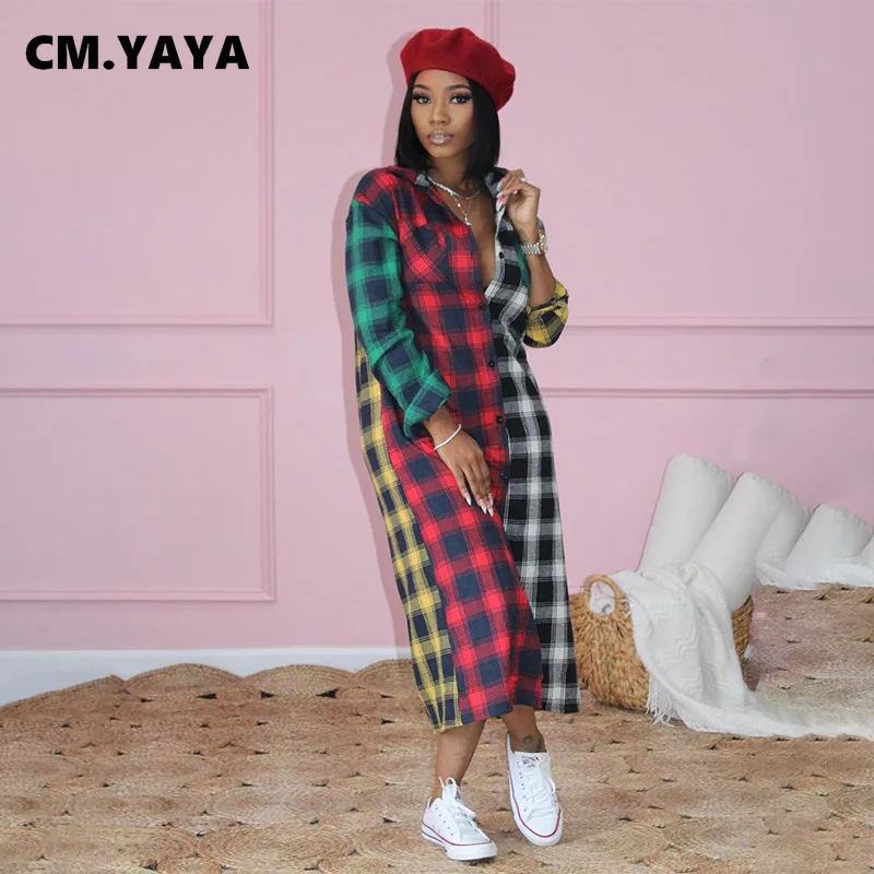 

CM.YAYA Women Midi Dress Plaid Full Sleeve Turn-down Collar Single Breasted Loose Straight Dresses Casual Vestidos Summer Outfit