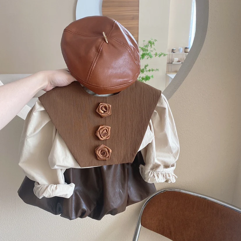 

Childrens Sets Girls Autumn New Korean Children Three Piece Set Baby Princess Flower Shape Round Collar Casual Simple