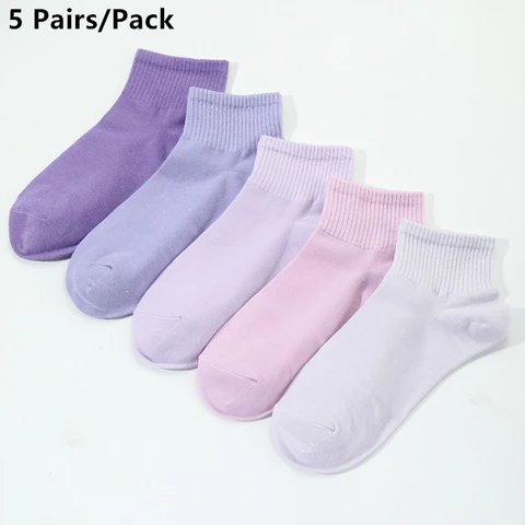 5 пар/упаковка, женские весенне-летние тонкие удобные дышащие романтические фиолетовые носки по щиколотку, подходят EU36-39