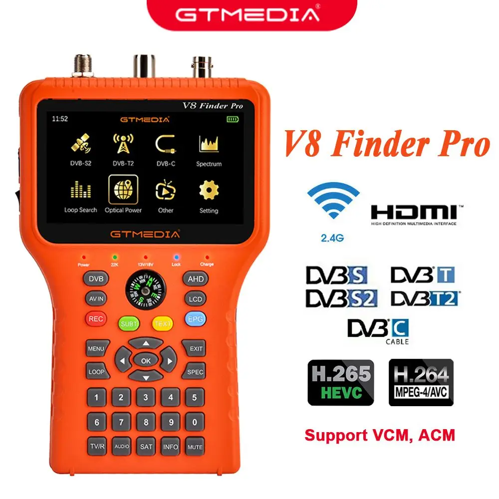 

Прибор для измерения спутникового сигнала GTMEDIA V8 Finder Pro, устройство для измерения яркости/S2/S/T2 H.265, автоматическое расчет угла, AZ EL, поддержка ACM, USB, Wi-Fi, 2,4G