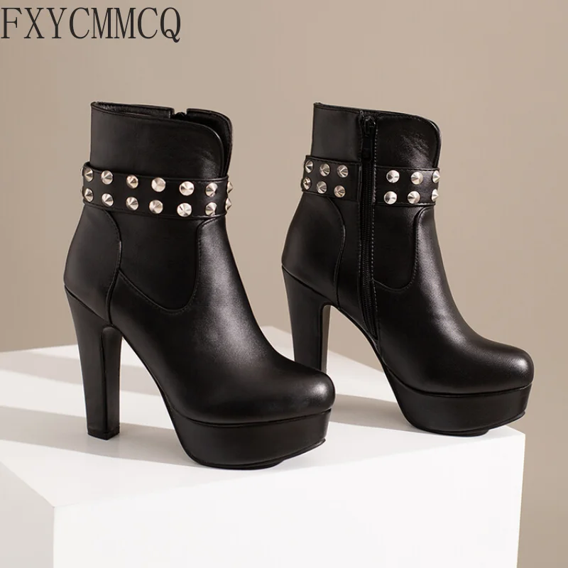 FXYCMMCQ 2022 Autumn New Round Toe High-heeled Fashion Boots Rivets Large Size Temperament Commuter Women's Shoes 33-64