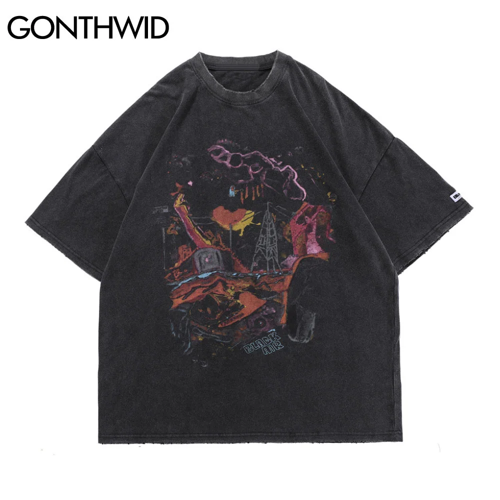 

Oversized T-Shirts Hip Hop Distressed Graffiti Punk Rock Gothic Tee Shirts Streetwear Harajuku Hipster Short Sleeve Top