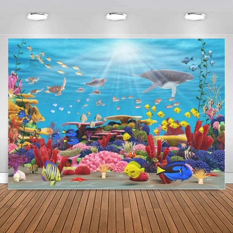 

Underwater World Photography Backdrop Fairyland Turtles Fishes Coral Seaweed Background Baby Kids Room Mural Banner decoration