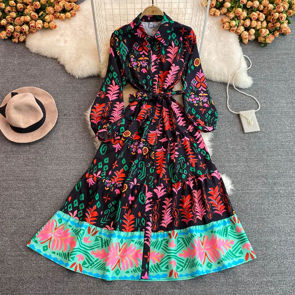 

Banulin Spring Fashion Runway Long Dress Women Turn Down Neck Charming Floral Print Chiffon Boho Holiday Party Belted Dress 2022