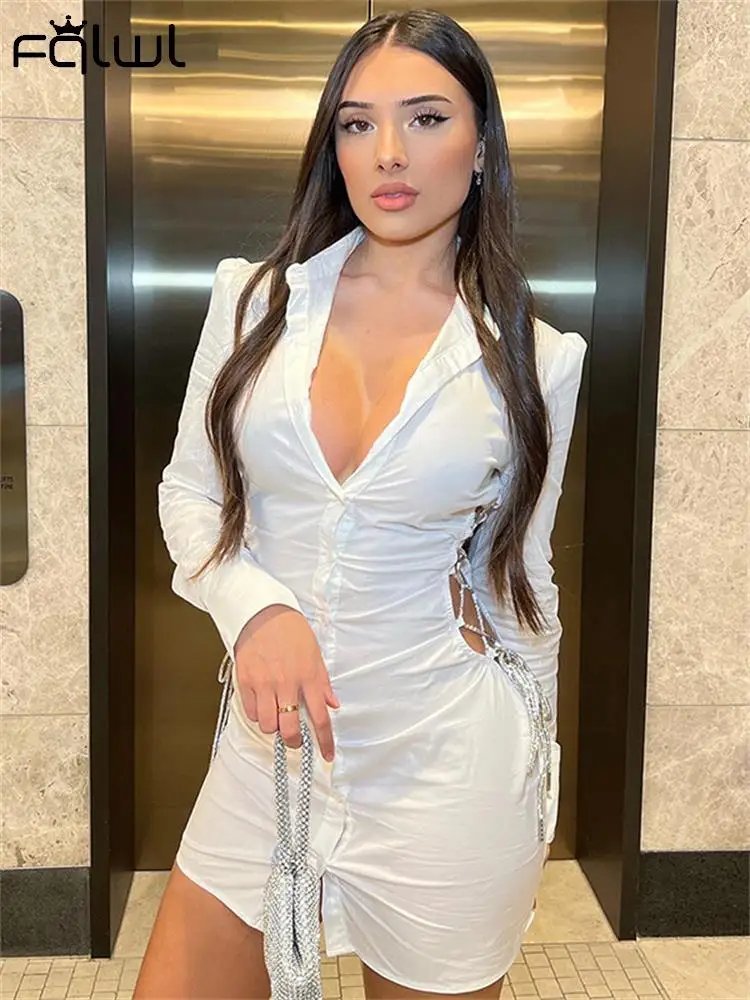 

Белое Облегающее мини-платье с вырезами, модель 2023 года, Осеннее короткое платье с воротником-поло и длинным рукавом, сексуальное платье