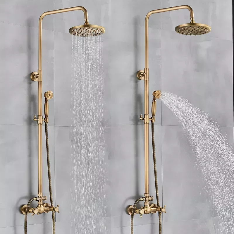 

Antique Brass Shower Faucets Set Wall Mount Antique Brass Shower Kit Dual Knobs Mixer Tap Handheld Spray Bathtub Kit