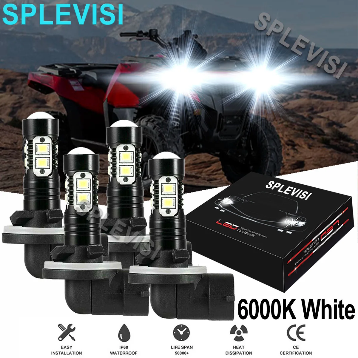 4PCS 6000K Bright White  50W LED Headlight Bulbs Kit  For ARCTIC CAT 400 500 650 700 HIGH LOW BEAM