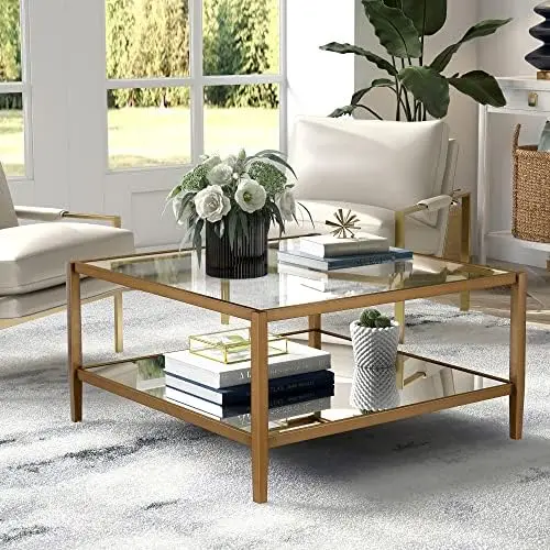 

20" Wide Square Side Table with Mirror Shelf in Blackened Bronze, Table for Living Room, Bedroom