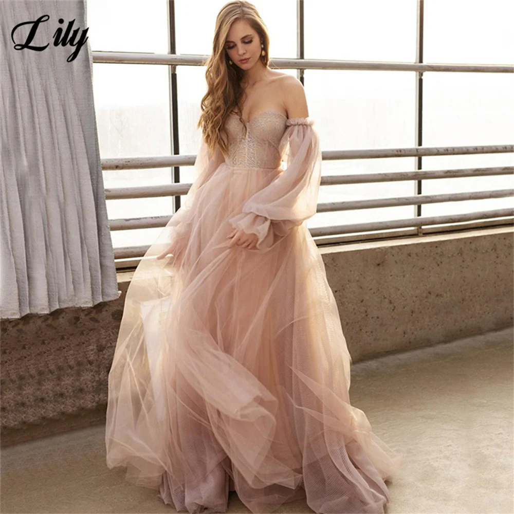 

Pink Wedding Dresses Beach Puff Sleeves Beading Princess Bridal Dress Off Shoulder Elegant Plus Size Wedding Gowns vestido novia