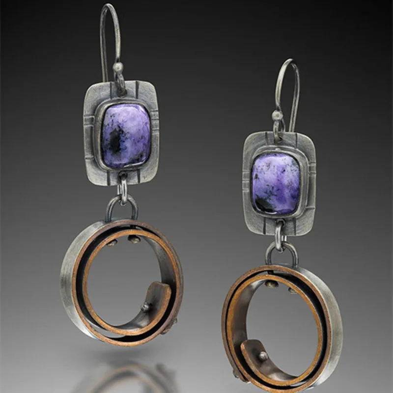 

Vintage Square Metal Inlaid Purple Stone Earrings Boho Women Personality Spiral Drop Earrings Jewelry