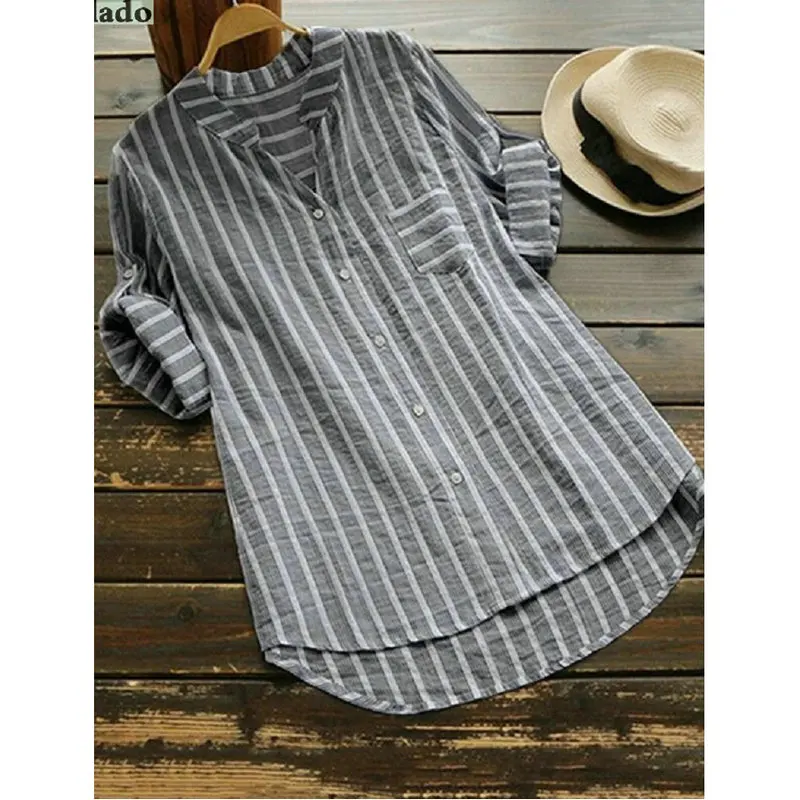 Summer Shirt Women Cotton Linen Tops Long Sleeve Oversize Lady Office Working Blouse Striped Classic Formal Blouses 2022 | Женская