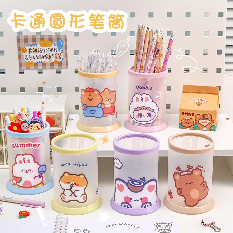 Kawaii Transparent Pen Holder Student Desktop Organizer Stationery Acrylic  ins New Fashion Cute Bear Rabbit Office Storage Box