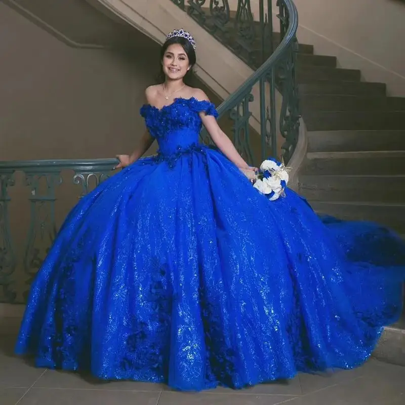 Королевское синее блестящее платье Quinceanera с открытыми плечами принцессы