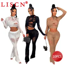 10sets Bulk Items Wholesale Lots Tracksuits Women Knitted Hollow Out 2 Piece Set Outfits Long Sleeve Crop Top Flare Pant K11044 