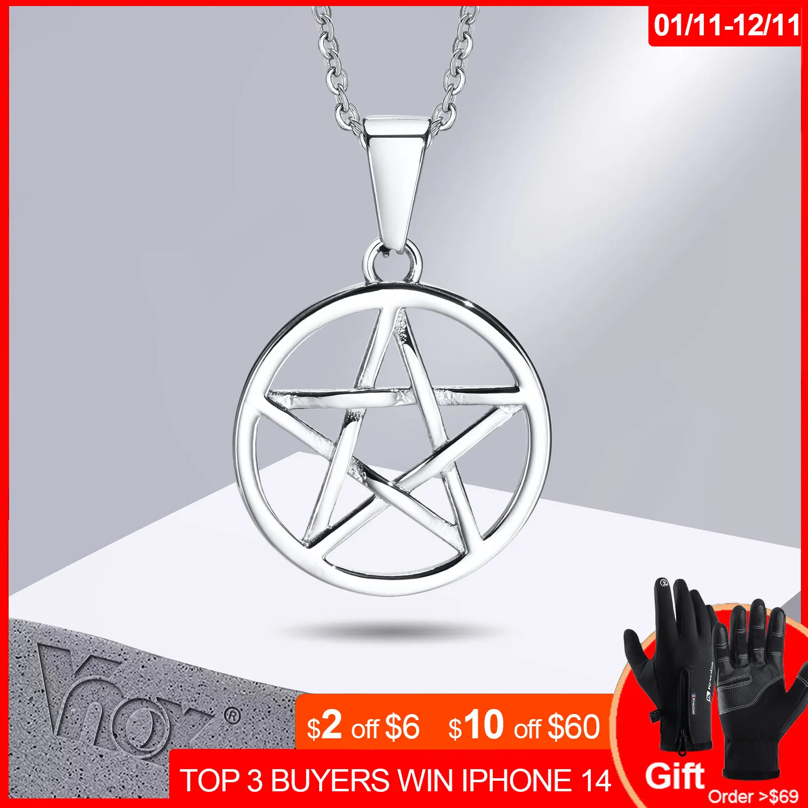

Vnox David Star Necklaces for Men Women, Never Fade Silver Color Stainless Steel Round Pendant, Simple Unisex Collar