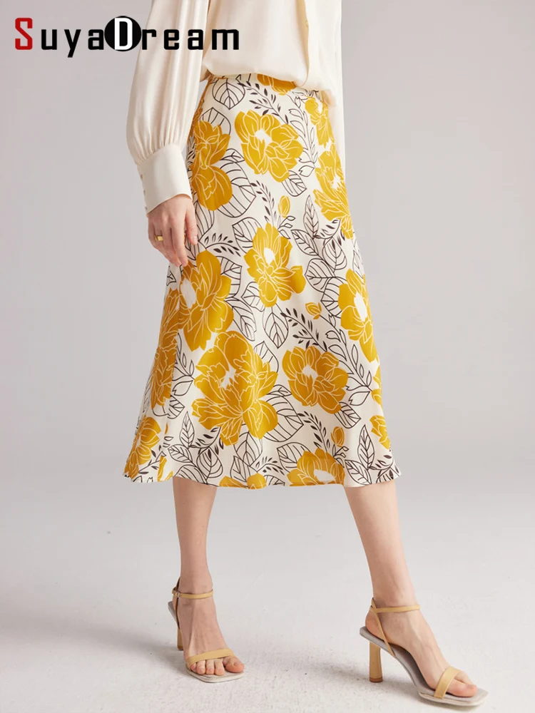 SuyaDream Floral Skirt for Woman 100%Real Silk A-Line Printed Zip Up Long Skirts 2023 Spring Summer Bottoms Yellow
