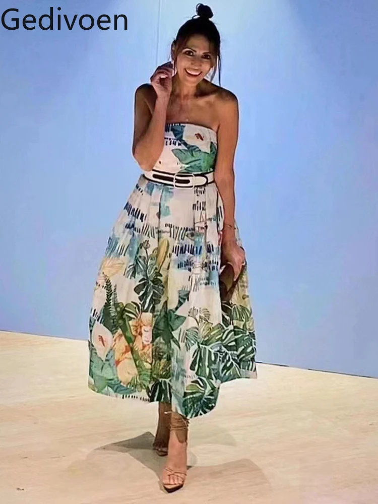 

Gedivoen High Quality Summer Women Fashion Runway Beach Holiday Dress With Belt Sexy Spaghetti Strap Tropical Print Midi Dresses