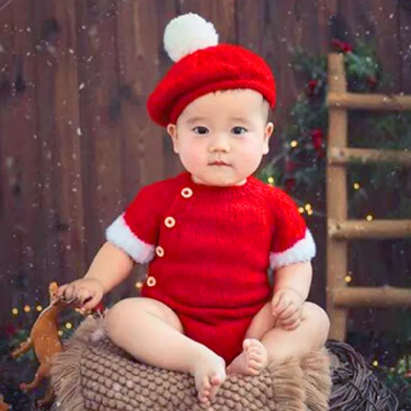 ❤️Newborn Photography Knit Clothing Red Hat Jumpsuit Studio Baby Photo Props Accessories New Year Christmas Costume Fotografia