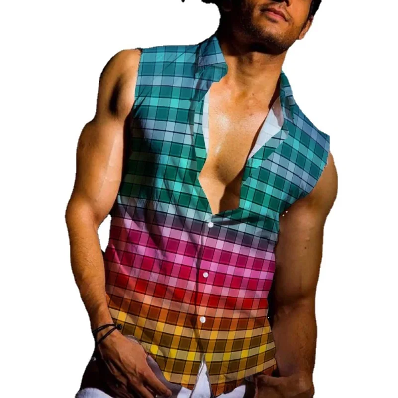 

2023 светильник зрелая повседневная мужская рубашка без рукавов, 3D цифровая печать, клетчатая, модная универсальная, восстанавливающая рубашка, майка