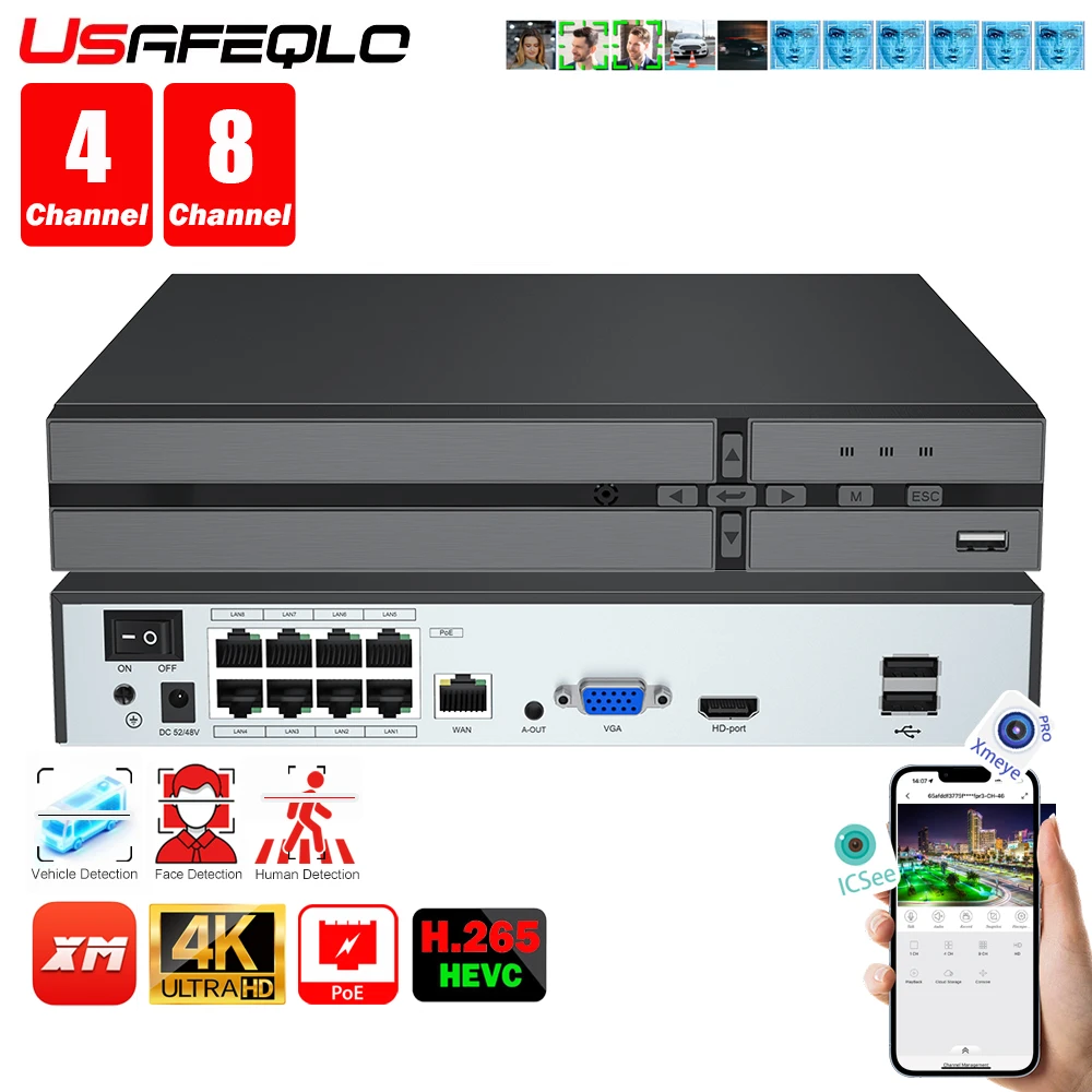 

USAFEQLO 8-канальный сетевой видеорегистратор 4K PoE NVR