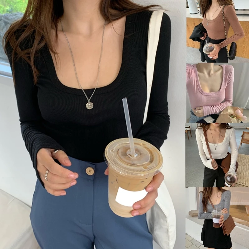 

Women's Long Sleeves T-shirt Fashion Square Neck Top Slim Bodycon Shirts Ins