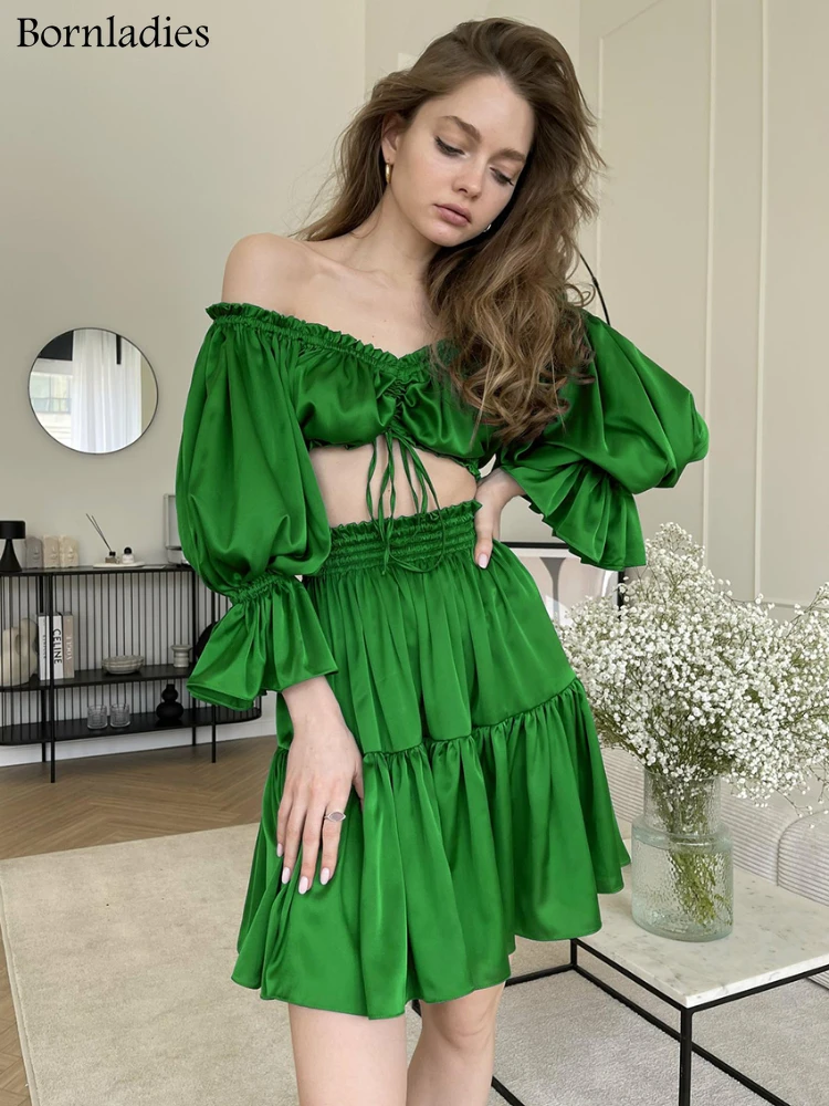 

Bornladies Satin Silky Skirts Sets Slash Neck Ruffled Puff Sleeve Lace Up Tops 2 Pieces Women Suits Elastic Waist A-Line Skirts