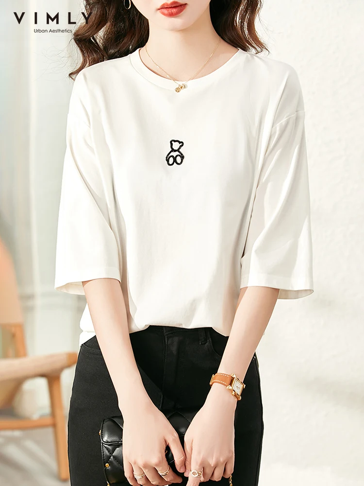 

VIMLY Little Bear Print T Shirt Women Harajuku Kawaii Fashion Graphic Tshirt Middle Sleeve Korean White Top Tees Female V2080