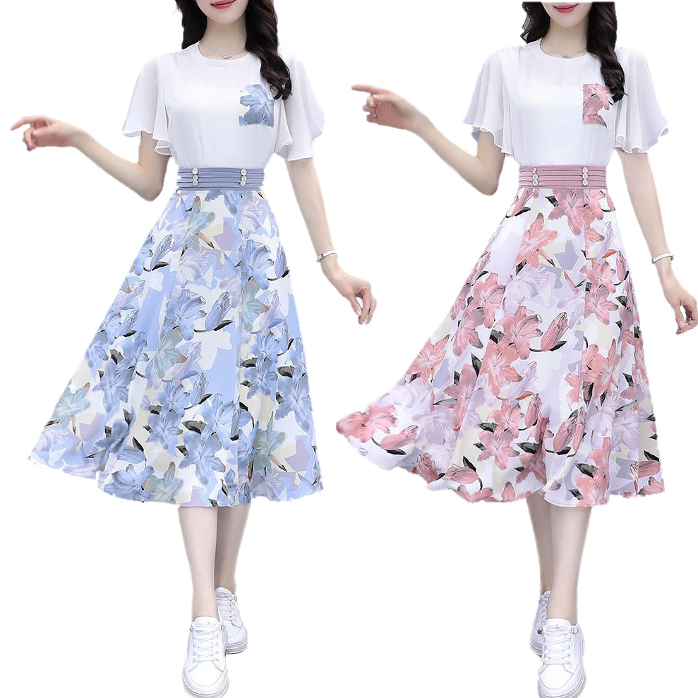 

Chiffon Floral Dress Women Summer Preppy Style High Waist Skirts Girl Fresh Elegant Slim 2-piece A-line Skirt