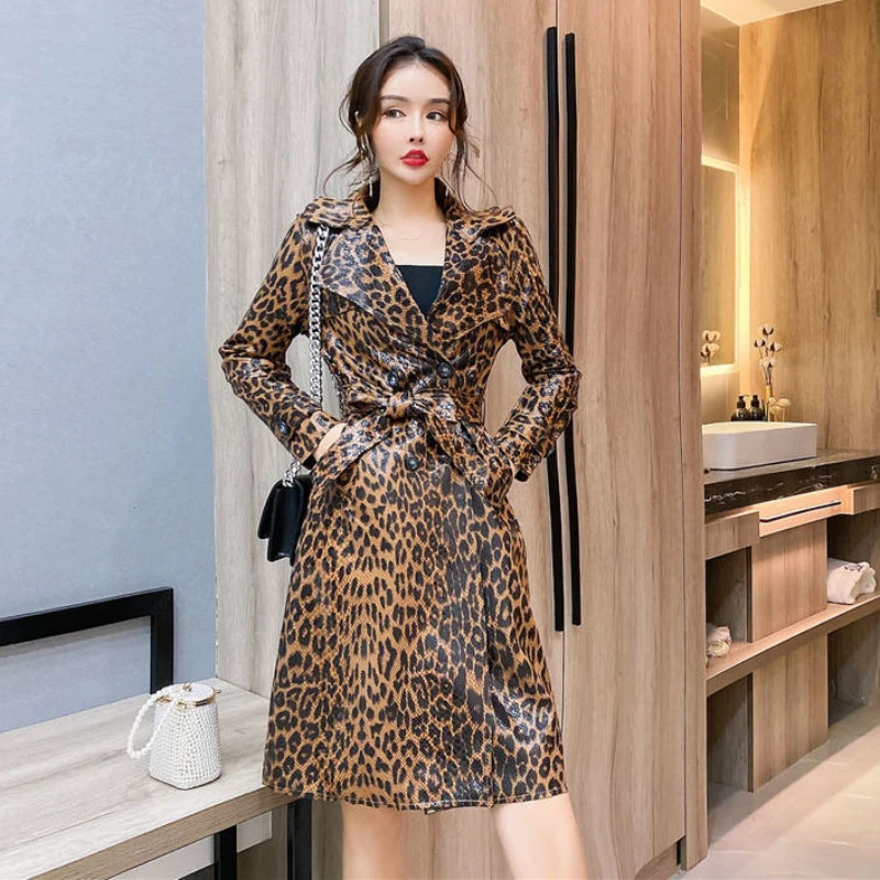 

Fashion Socialite Leopard Trench Coat Coat 2021 Autumn and Winter New Slim Slim Long Coat