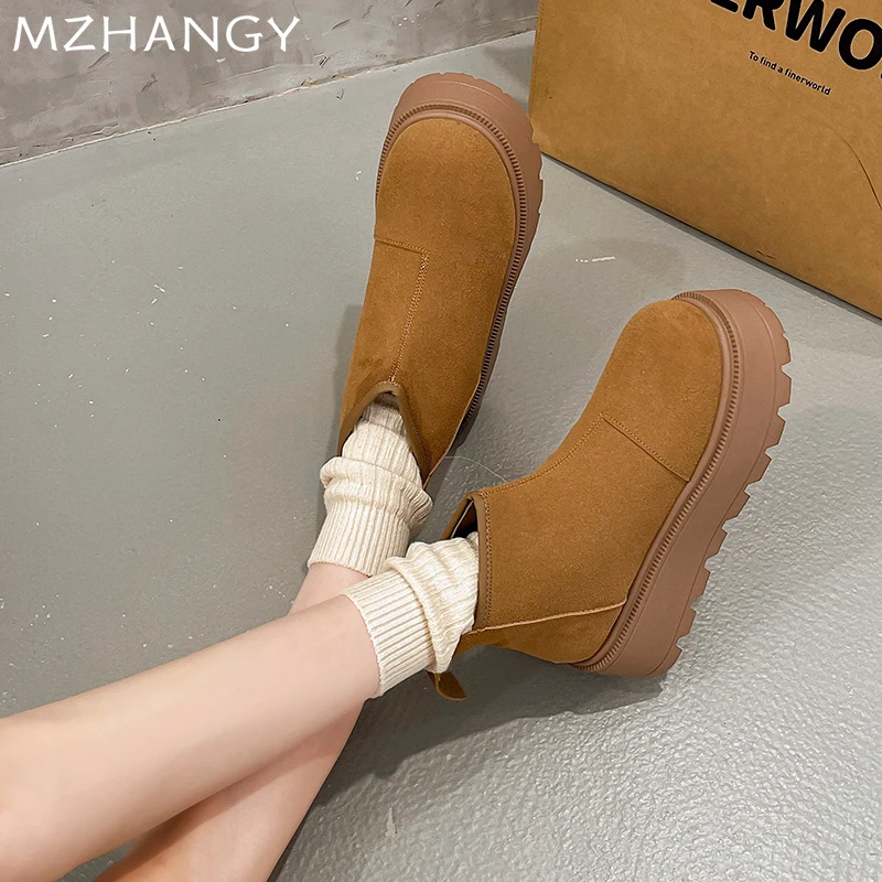 Women Flats Snow Boots Platform Suede Shoes Woman 2025 Trend Winter Fashion Warm Dress New Short Plush Walking Ankle Mujer