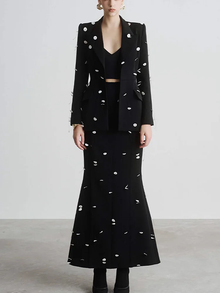 IEQJ Женские комплекты из 2 предметов с блестками и бусинами блейзер длинными