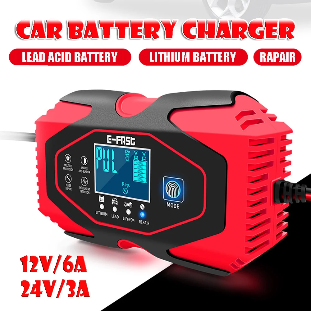 12V/24V Car Battery Charger With LCD Screen Lead-acid AGM GEL& Lithium LiFePO4 Battery Repair For SLA WET FLOODED GEL Batteries