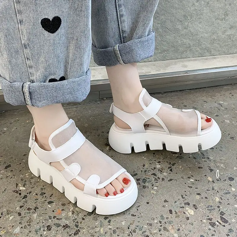 Summer New Fashion Matsuke Sandals Women's Thick Sole Hollow Breathable Mesh Roman Sandals Flat Bottom