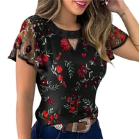 short sleeve fashion t shirt business elegant mesh blouse sexy shirts see through ruffles patchwork tops woman summer floral top