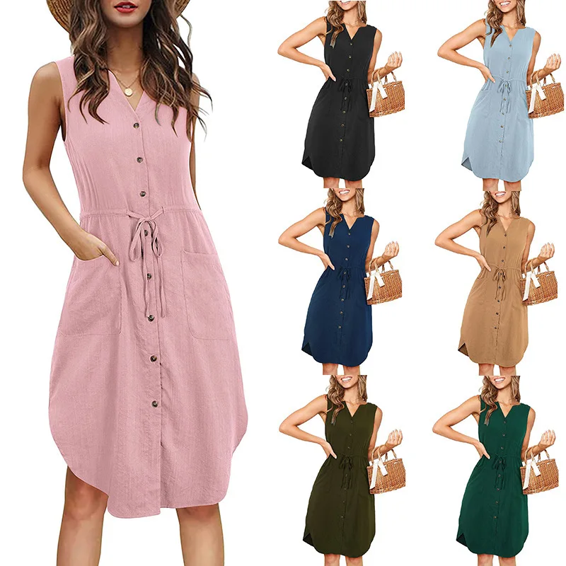

Europe and the United States popular summer casual women's sleeveless V-neck button up pocket dress