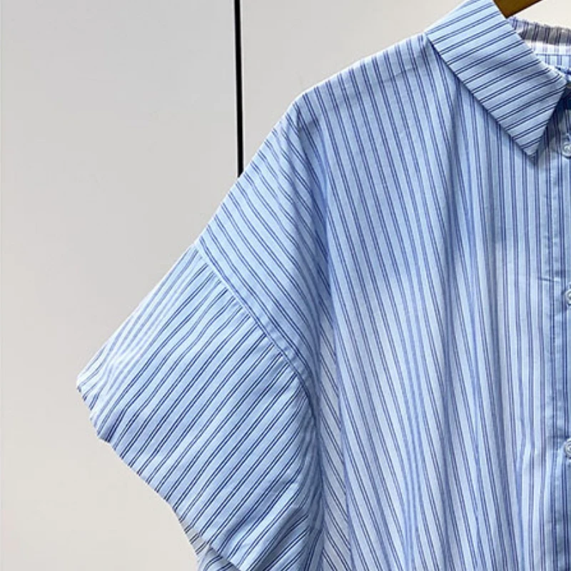 

2023 Summer New Women Blue Striped Puff Sleeve Elastic Waist Dress