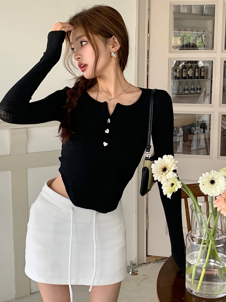 

BOBOKATEER Knitwear Top Women Clothing 2023 Asymmetric Hem Knit Tshirts Camiseta Mujer Long Sleeve Fitted Casual Tee Shirt Femme