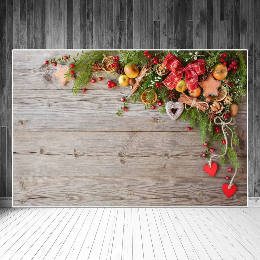 

Фон для фотосъемки с изображением рождественской сосны падуба листьев красного сердца деревянных досок