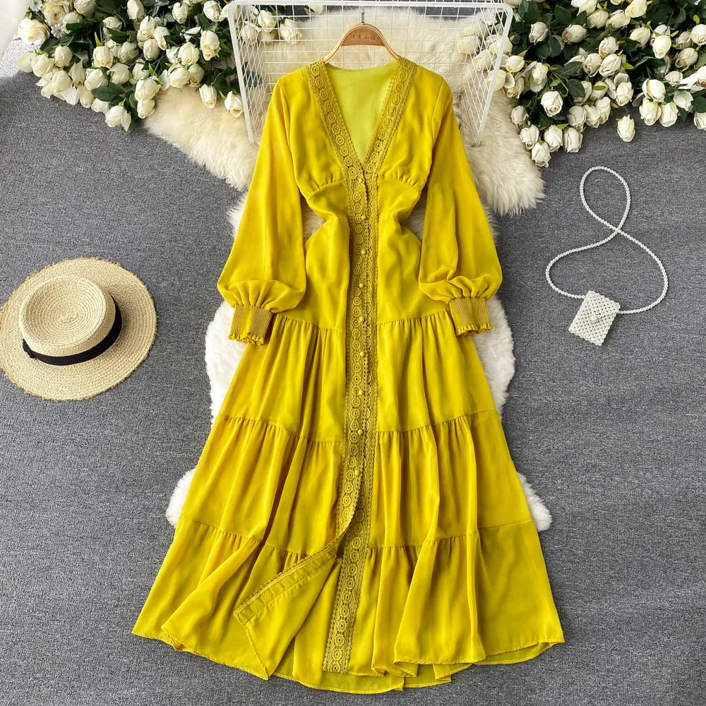 

2022Summer New Women Dress French Vintage Lace V-Neck Empire Single-breasted Big Swing Midcalf Casual ALINE Puff Sleeve Chiffon