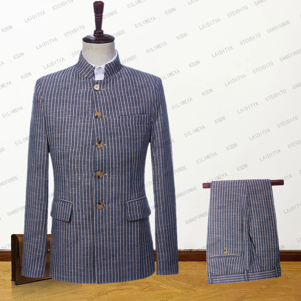 

Мужские костюмы, комплект из 2 предметов, весна-осень, темно-синяя полосатая деловая официальная Женская одежда для выпускного, свадьбы, жениха 2023, куртка, брюки