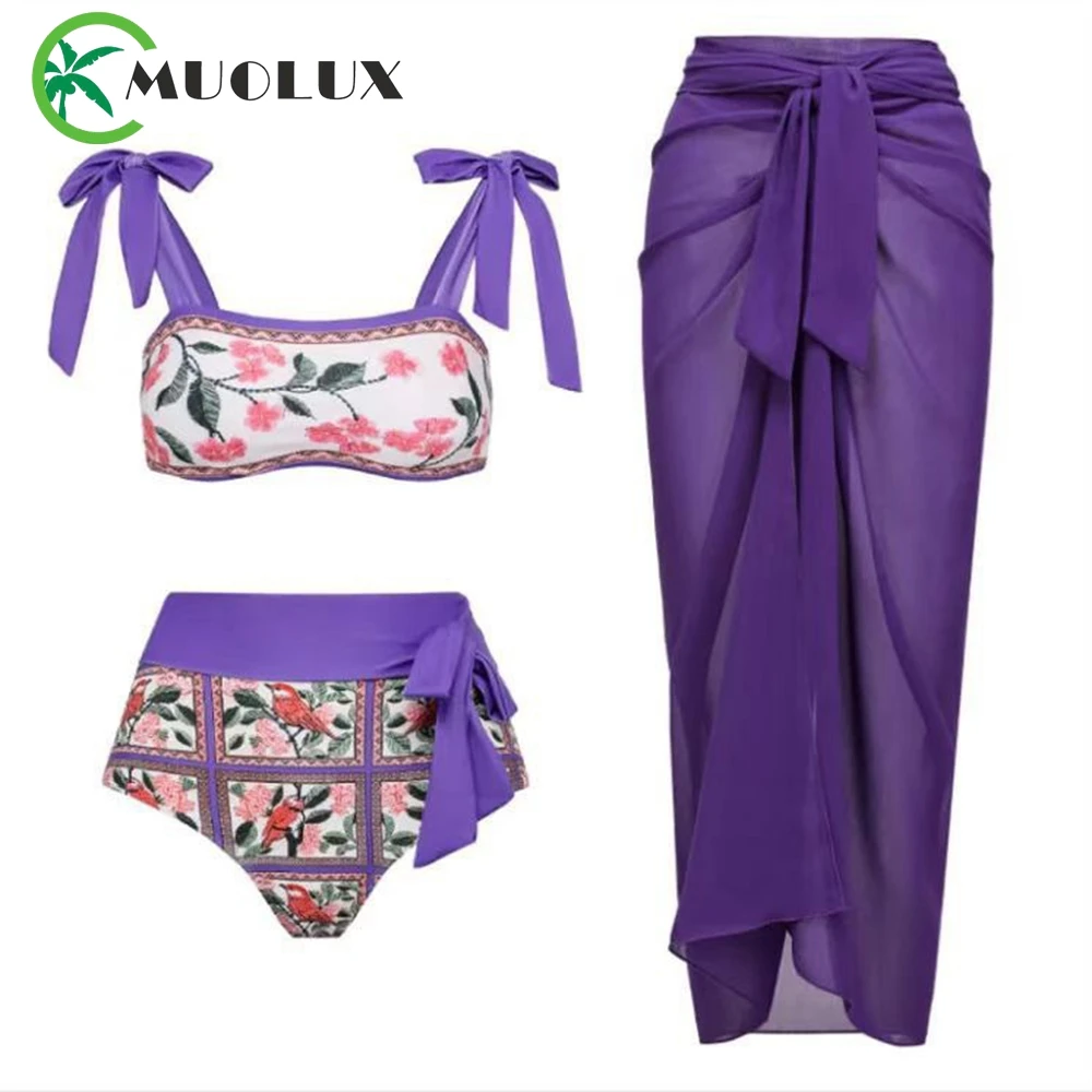 

MUOLUX 2023 Women 3 Piece Bikini Set Vintage Swimsuit High Waist Bathing Suit Dress Cover Up Luxury Swimwear Biquini Beach Skirt