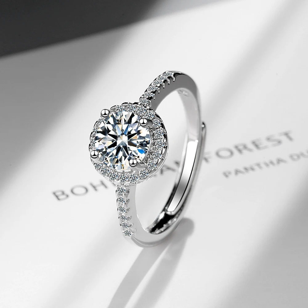 

925 Sterling Silver New Woman Fine Jewelry High Quality Crystal Zircon Round Four Prong Adjustable Open Ring anillos De Prata