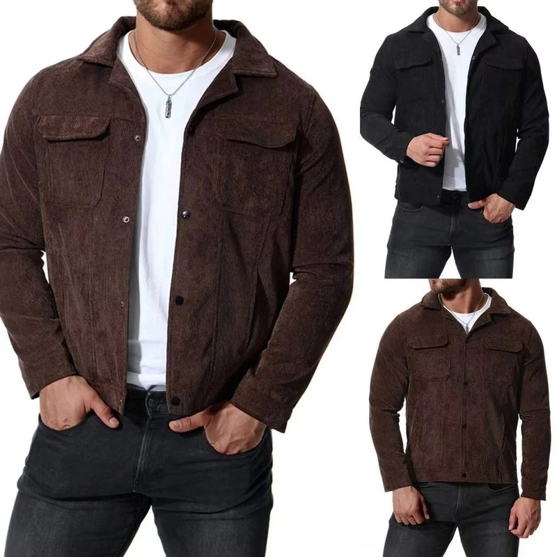 

Мужская Вельветовая куртка с карманами, приталенный однобортный Кардиган с отложным воротником и длинными рукавами, весна-осень