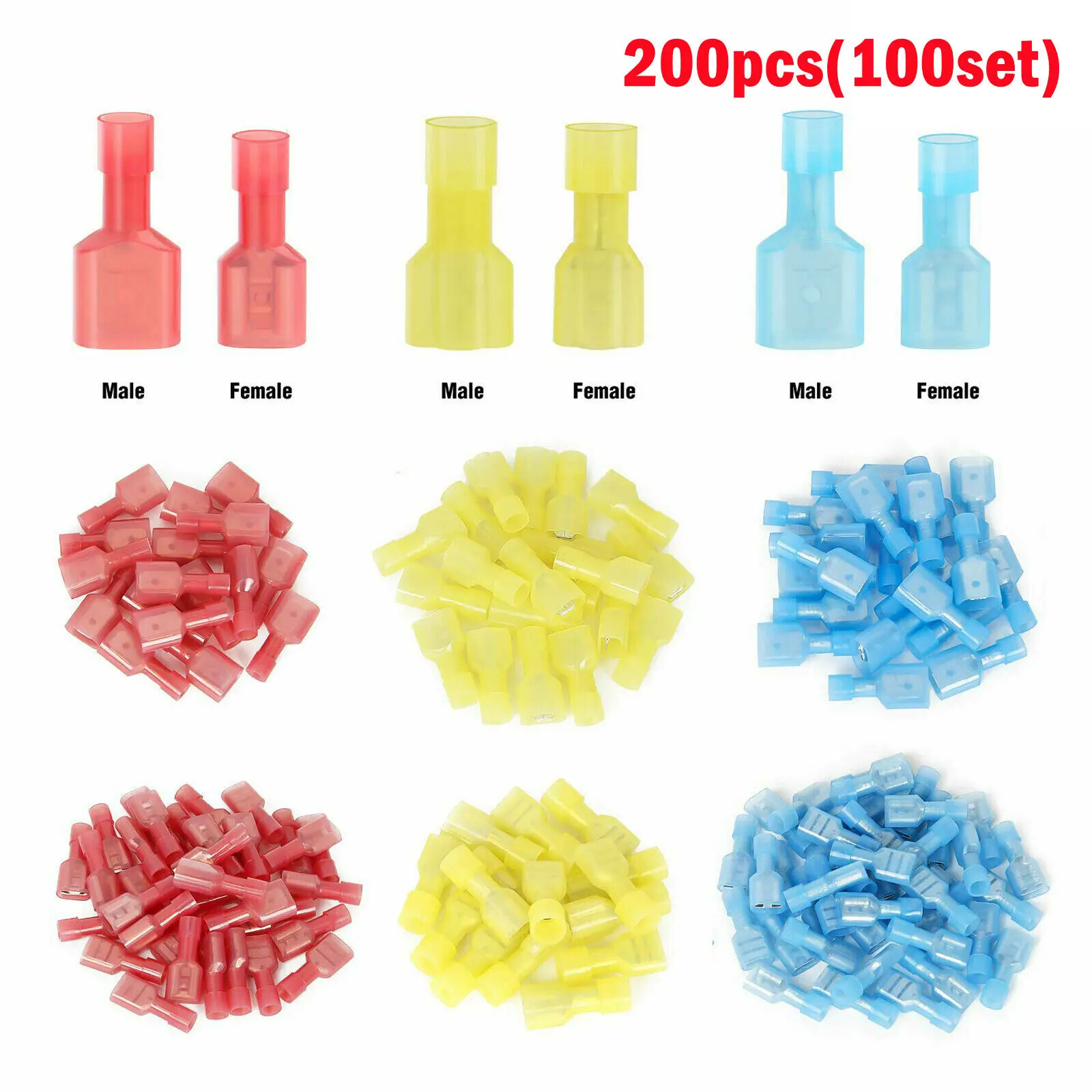 

200/20pcs Nylon Copper Male Female Wire Cable Connectors Insulated Crimp Terminals Electrical Wire Spade Terminal 22-10AWG