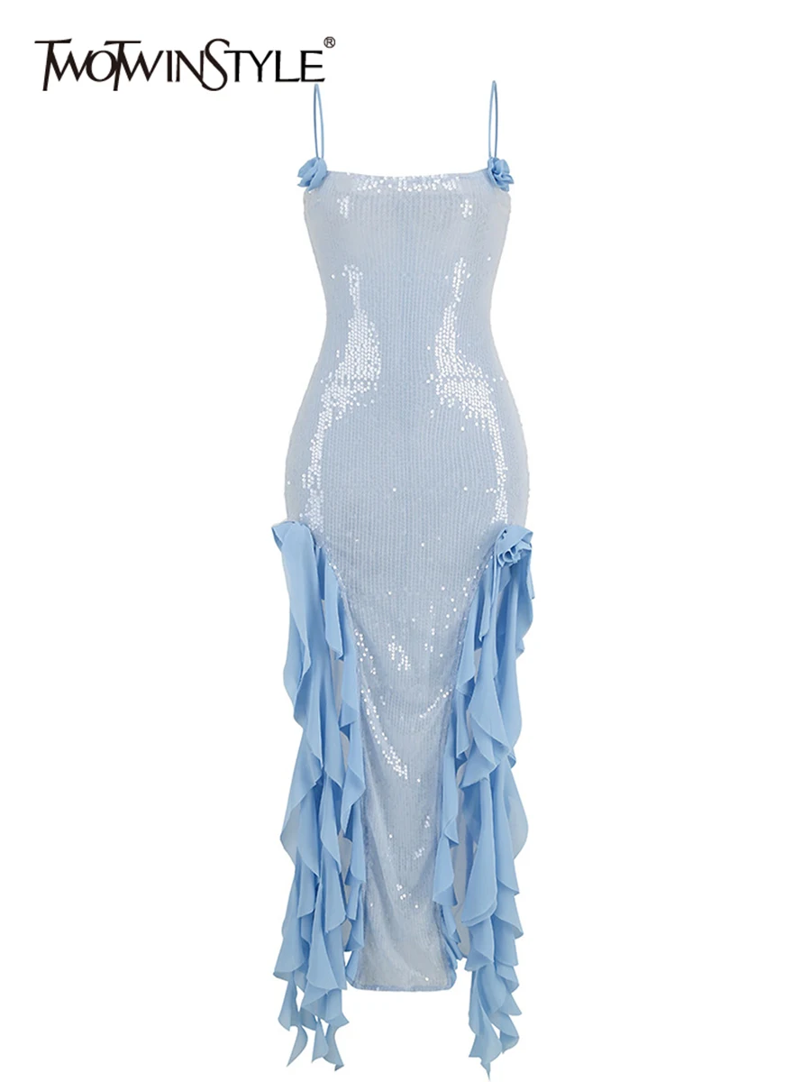 

TWOTWINSTYLE Elegant Spliced Ruffles Dresses For Women Square Collar Sleeveless Tunic Patcheork Sequins Party Dress Female 2023